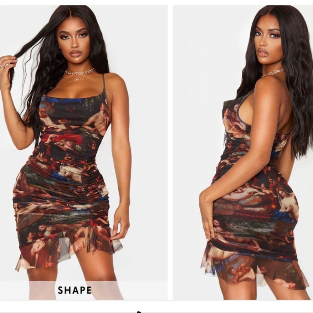 Side rouched midi dress with renaissance print